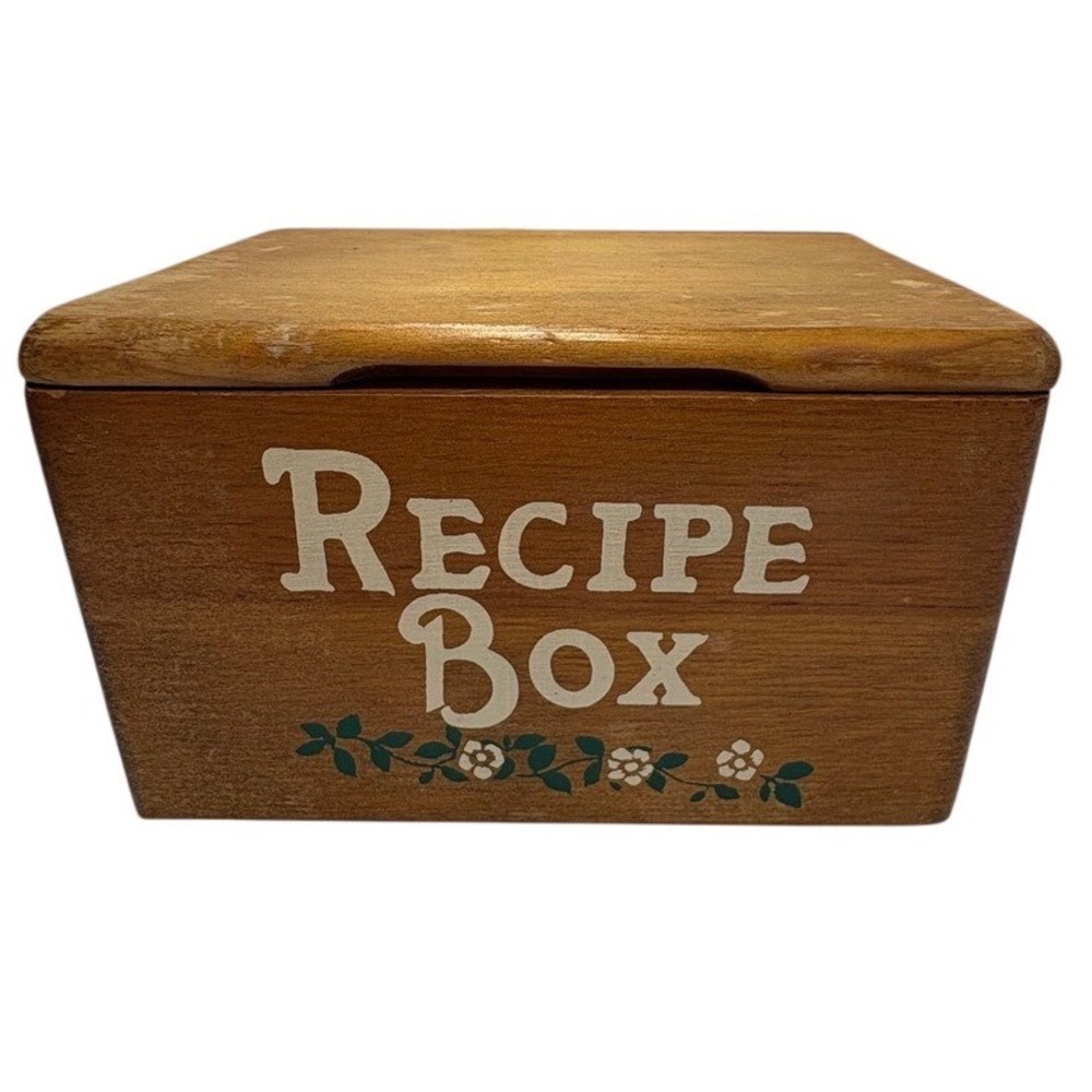 Wooden Recipe Box with Floral Detail and Handwritten Recipes Vintage
